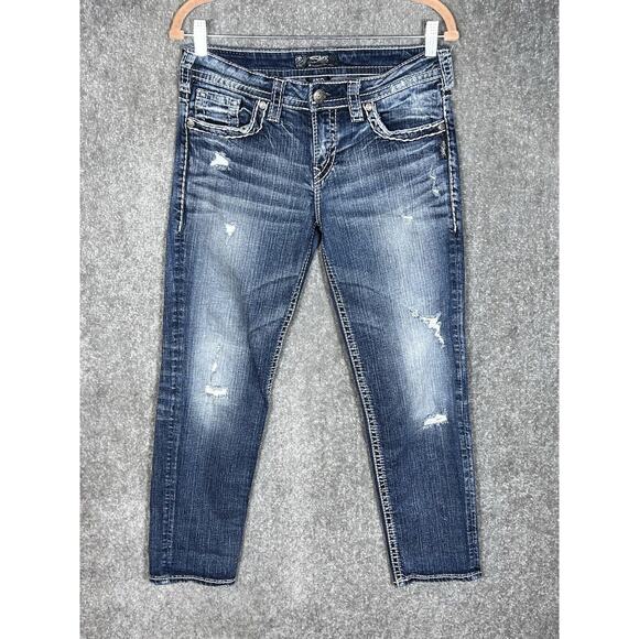 Silver Aiko Mid Straight‎ Jeans Womens Size 28 Blue Distressed Denim Pockets - Picture 1 of 10